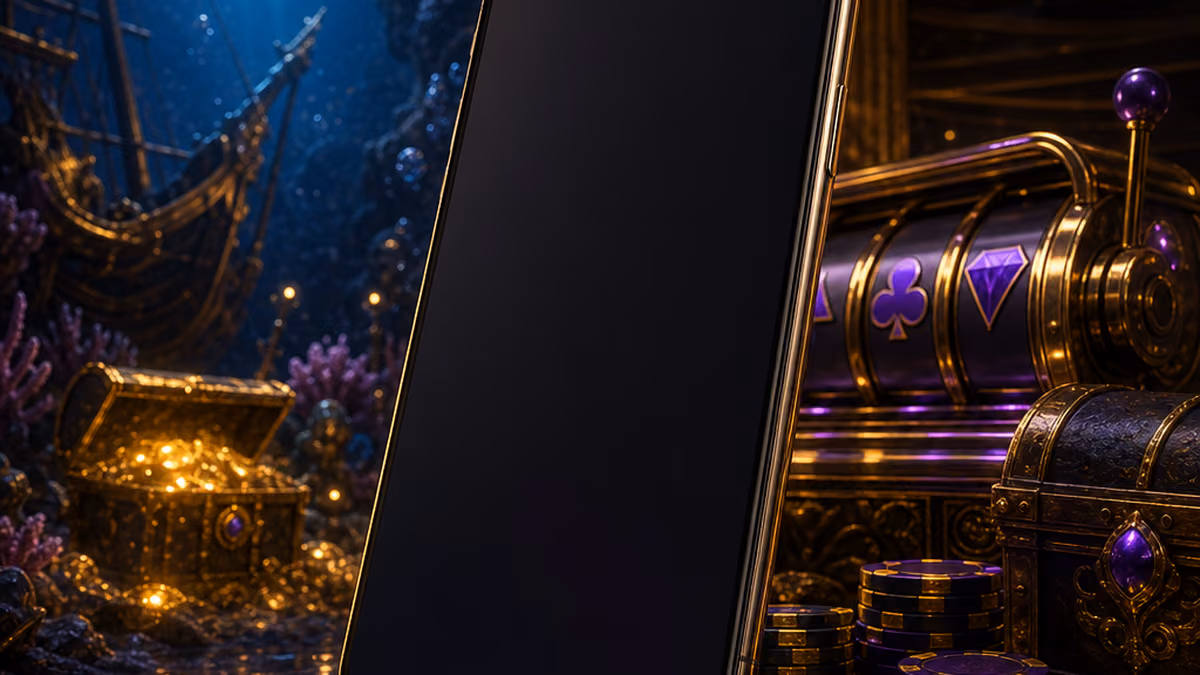 Pacific Spins Casino mobile access illustration with smartphone and casino lobby motif
